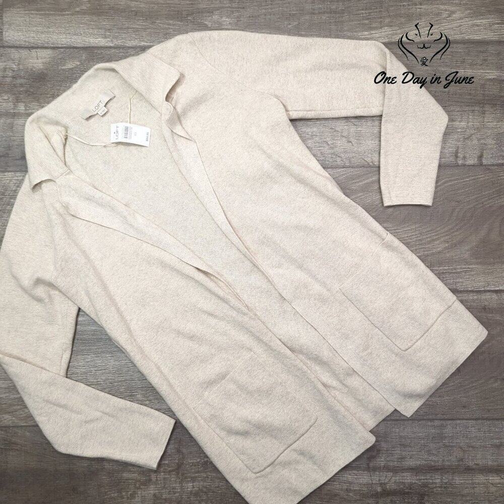 Loft Open Front Cardigan Sweater Oatmeal Beige Patch Pockets NWT Size XS